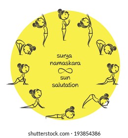 Hand drawn "Sun salutation" yoga poses by cute little lady