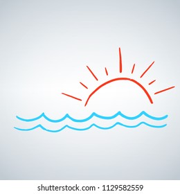 Hand drawn Sun with sea waves. Summer concept. Vector illustration isolated on white background.