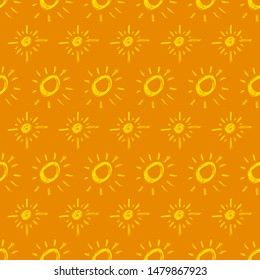 Hand drawn sun. Seamless pattern of simple sketch sun's. Solar symbol. Yellow doodle isolated on yellow background. Vector illustration.