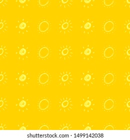 Hand drawn sun. Seamless pattern of simple sketch sun's. Solar symbol. Yellow doodle isolated on yellow background. Vector illustration.
