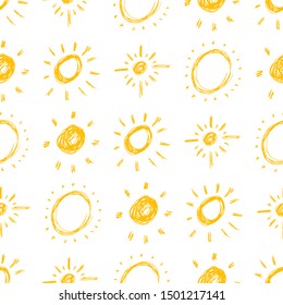 Hand drawn sun. Seamless pattern of simple sketch sun's. Solar symbol. Yellow doodle isolated on white background. Vector illustration.