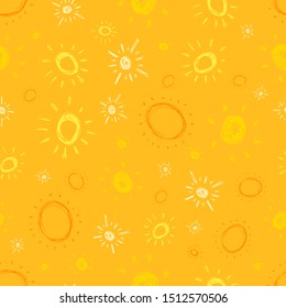 Hand drawn sun. Seamless pattern of simple sketch sun's. Solar symbol. Yellow doodle isolated on yellow background. Vector illustration.