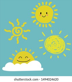 Cute Smiling Sun Clouds Raindrops Vector Stock Vector (Royalty Free ...