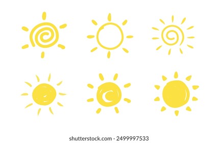 Hand drawn Sun. Set of Sun icon. Doodle children drawing. Solar icon. weather sign. Vector illustration