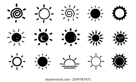 Hand drawn Sun. Set of Sun icon. Doodle children drawing. Solar icon. weather sign. Vector illustration