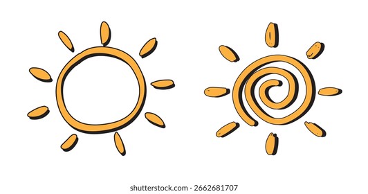 Sol desenhado à mão. Conjunto do ícone do Sol. Desenhando crianças rabiscar. Ícone solar. Sinal meteorológico. Ilustração vetorial