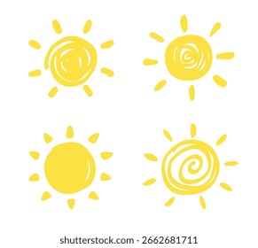 Hand drawn Sun. Set of Sun icon. Doodle children drawing. Solar icon. weather sign. Vector illustration
