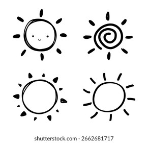 Sol desenhado à mão. Conjunto do ícone do Sol. Desenhando crianças rabiscar. Ícone solar. Sinal meteorológico. Ilustração vetorial
