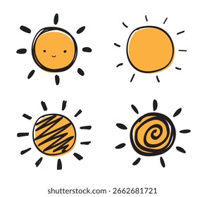 Hand drawn Sun. Set of Sun icon. Doodle children drawing. Solar icon. weather sign. Vector illustration