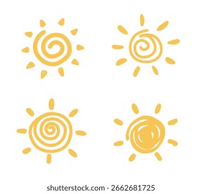 Handgezeichnete Sonne. Sonnensymbol. Doodle Kinder Zeichnung. Sonnensymbol. Wetterschild. Vektorgrafik