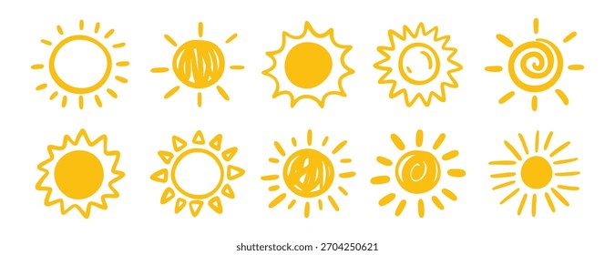 Hand drawn Sun. Set of Sun icon. Doodle children drawing. Solar icon. weather sign. Vector illustration. Suitable for stickers, logos, posters, packaging and printable projects. Vector illustration.