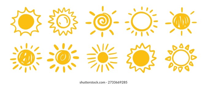 Handgezeichnete Sonne. Sonnensymbol. Doodle Kinder Zeichnung. Sonnensymbol. Wetterschild. Vektorgrafik. Geeignet für Aufkleber, Logos, Poster, Verpackungen und druckbare Projekte. Vektorgrafik.
