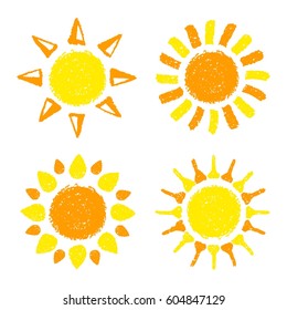 Hand drawn Sun set. Painted with pastel crayons. Graphic elements for children book, scrapbooking, birthday card, baby shower invitation, summer poster, vacation destination flyer. Vector illustration