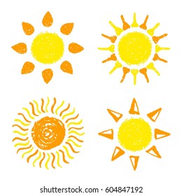 Hand drawn Sun set. Painted with pastel crayons. Graphic elements for children book, scrapbooking, birthday card, baby shower invitation, summer poster, vacation destination flyer. Vector illustration