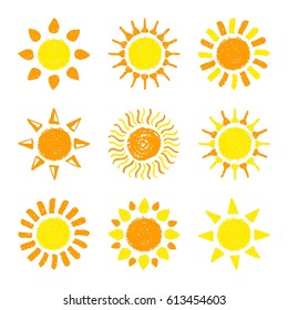 Hand drawn Sun set. Painted with pastel crayons. Graphic elements for children book, scrapbooking, birthday card, baby shower invitation, summer poster, vacation destination flyer. Vector illustration