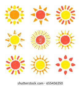 Hand drawn Sun set. Painted with pastel crayons. Graphic elements for children book, scrapbooking, birthday card, baby shower invitation, summer poster, vacation destination flyer. Vector illustration