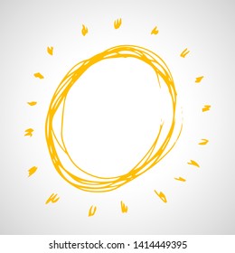 Hand drawn sun. Simple sketch sun. Solar symbol. Yellow  doodle isolated on white background. Vector illustration.