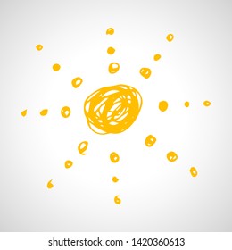 Hand drawn sun. Simple sketch sun. Solar symbol. Yellow  doodle isolated on white background. Vector illustration.