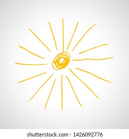 Hand drawn sun. Simple sketch sun. Solar symbol. Yellow  doodle isolated on white background. Vector illustration.