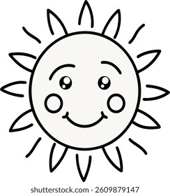 hand drawn sun simple smiley face black and white.