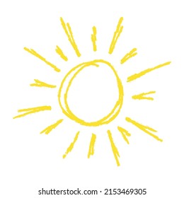 Hand drawn Sun sketch of chalk or crayon. Logo, icon, sign, emblem. Vector in cartoon doodle children's style. For print, clothes, greeting invitation card, cover, flyer, decoration