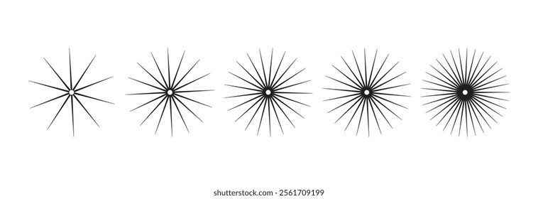 Hand drawn Sun star rays, burst. Radial circle radiation lines. Circulars lines beams. Spokes with radiating stripes grid. Vector graphic. Abstract illusion geometric pattern.