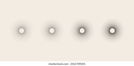 Hand drawn Sun star rays, burst. Radial circle radiation lines. Circulars lines beams. Spokes with radiating stripes grid. Vector graphic. Abstract illusion geometric pattern.