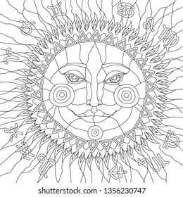 Hand drawn sun and stars and zodiak for anti stress colouring page. Pattern for coloring book. Monochrome variant. Ethnic background.