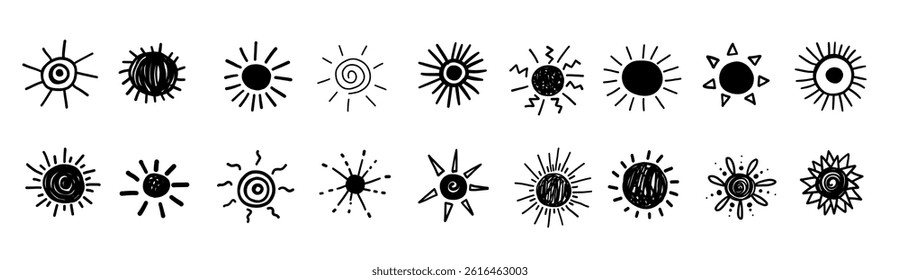 Hand drawn sun summer ray burst doodle brush set. Sunburst star shining glitter sparkle isolated on white background in scribble sketch style 