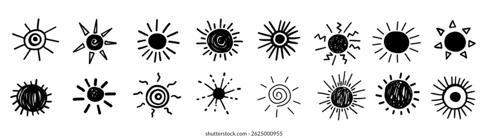 Conjunto de cepillo de garabatos de rayos de sol de verano dibujado a mano. Brillo brillante brillante de la estrella de Sunburst aislado en el fondo blanco en estilo del bosquejo del garabato
