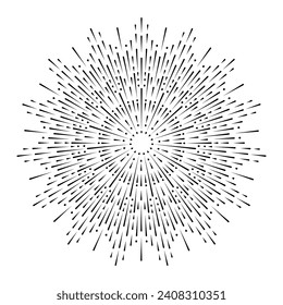 Hand drawn Sun, sunburst, starburst, light rays in line art. Bohemian symbol bursting sun rays. Magic talisman, antique style, boho, tattoo, logo. Vector illustration isolated on white background