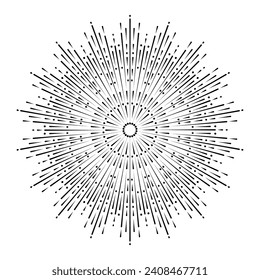 Hand drawn Sun, sunburst, starburst, light rays in line art. Bohemian symbol bursting sun rays. Magic talisman, antique style, boho, tattoo, logo. Vector illustration isolated on white background