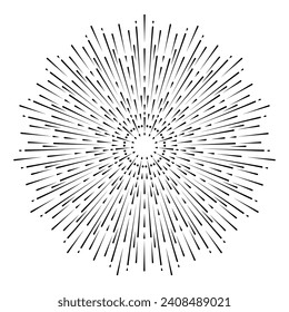 Hand drawn Sun, sunburst, starburst, light rays in line art. Bohemian symbol bursting sun rays. Magic talisman, antique style, boho, tattoo, logo. Vector illustration isolated on white background