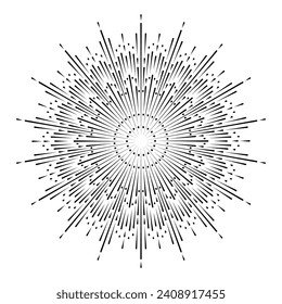 Hand drawn Sun, sunburst, starburst, light rays in line art. Bohemian symbol bursting sun rays. Magic talisman, antique style, boho, tattoo, logo. Vector illustration isolated on white background