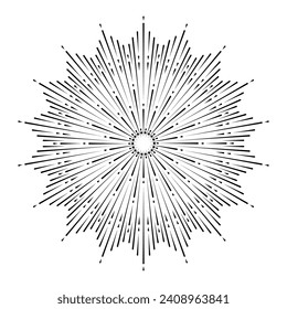 Hand drawn Sun, sunburst, starburst, light rays in line art. Bohemian symbol bursting sun rays. Magic talisman, antique style, boho, tattoo, logo. Vector illustration isolated on white background