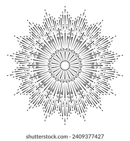 Hand drawn Sun, sunburst, starburst, light rays in line art. Bohemian symbol bursting sun rays. Magic talisman, antique style, boho, tattoo, logo. Vector illustration isolated on white background