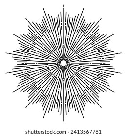 Hand drawn Sun, sunburst, starburst, light rays in line art. Bohemian symbol bursting sun rays. Magic talisman, antique style, boho, tattoo, logo. Vector illustration isolated on white background