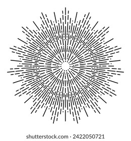Hand drawn Sun, sunburst, starburst, light rays in line art. Bohemian symbol bursting sun rays. Magic talisman, antique style, boho, tattoo, logo. Vector illustration isolated on white background