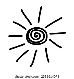 Hand drawn sun swirl in childlike doodle style. Cute illustration of sun swirl, perfect for brightening up kids art, creative projects. Ideal sun swirl design for joyful decorations and playful themes