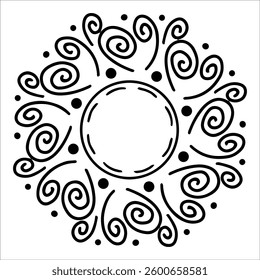 Hand drawn sun with swirling beams in doodle style. Abstract sun with curved lines and decorative twirls isolated on white background. Concept of sun as warmth, energy and creativity in artistic ink
