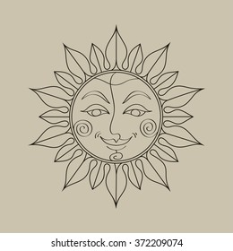 Hand drawn sun symbol.Coloring book page. Vector illustration.