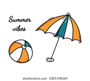 hand drawn sun umbrella and beach ball, doodle vector color illustration isolated on white background