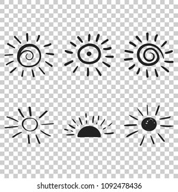 Hand Drawn Sun Vector Icon. Sun Sketch Doodle Illustration. Handdrawn Sunshine Concept On Isolated Transparent Background.