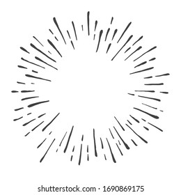 Hand drawn sunburst explosion vector illustration isolated on white background. Retro vitnage design sun rays or fireworks radial elements of shine hipster arts.