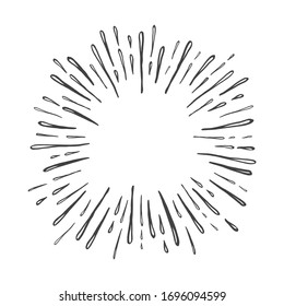 Ilustración vectorial de la explosión del sol dibujada a mano aislada en fondo blanco. Diseño retro vintage rayos solares o fuegos artificiales elementos radiales de brillantes artes hipster.