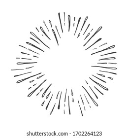 Ilustración vectorial de la explosión del sol dibujada a mano aislada en fondo blanco. Diseño retro vintage rayos solares o fuegos artificiales elementos radiales de brillantes artes hipster.
