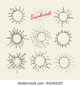 Hand drawn sunburst set  /  vector illustration. 