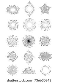 Hand drawn sunburst set - vintage sunshine lines isolated on white. Vector illustration