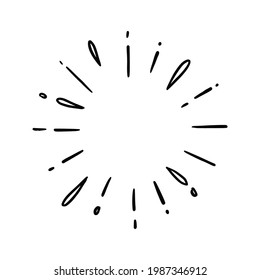 Hand drawn sunburst shine ray and sparkle element. Doodle sketch style. Circle burst of sun, star. Vector illustration.