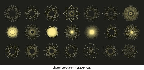 Hand drawn sunburst, vintage radial burst, abstract line sunshine. Collection sunburst set. Sunshine, fireworks or sunset sunbeam blast retro. Glitter boom emblem art icons vector illustration